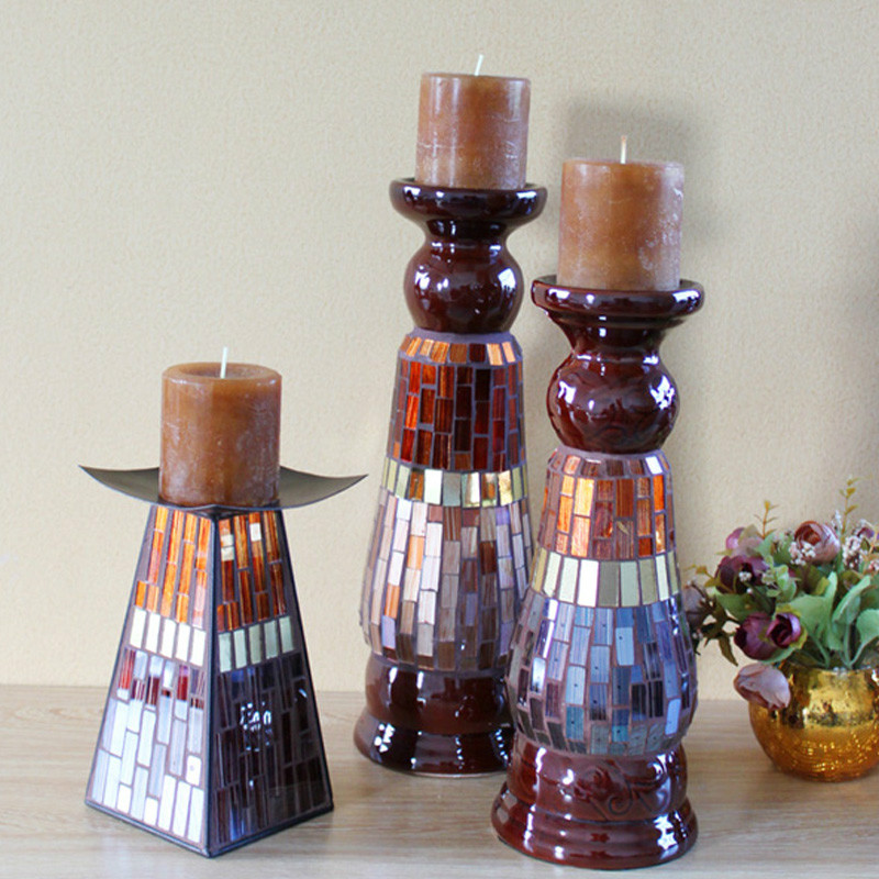 2014 Free Shipping fashion Vintage and European handmade glass Mosaic candlestick 3pcs/ lot home decoration