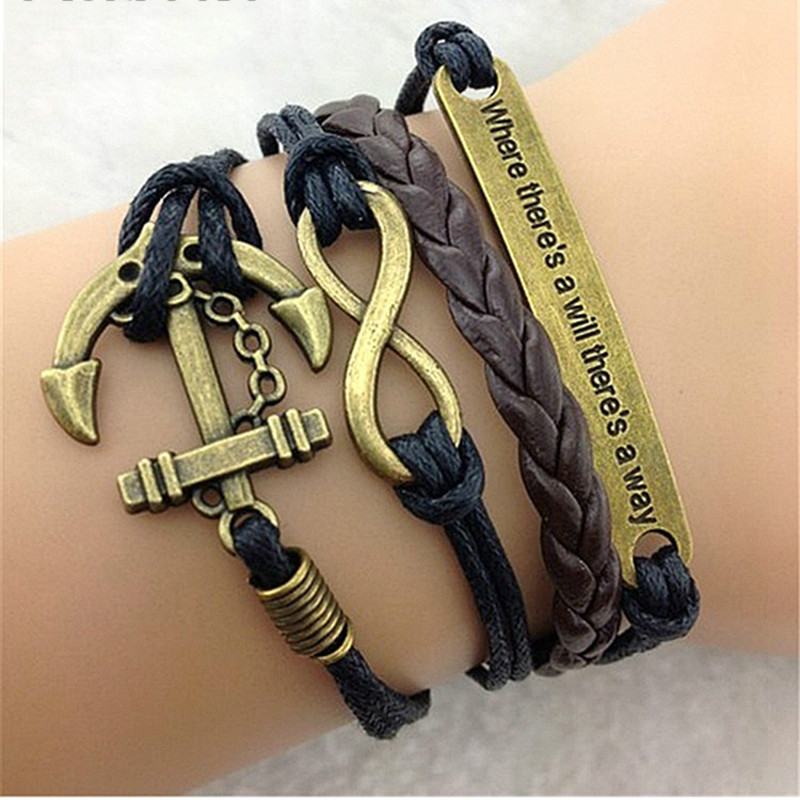 20PCS/LOT Braided Leather Cotton Rope Anchor Rudder Infinity Bracelet Alloy Jewelry