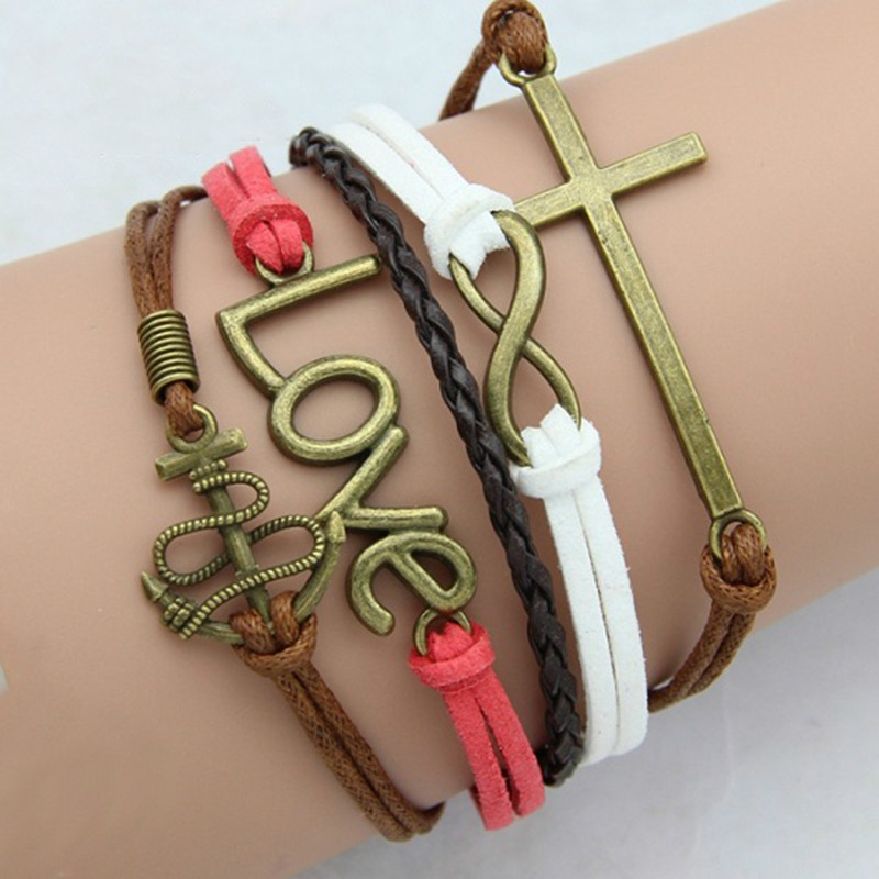 20pcs New Design Infinity cross bracelet Charm Wing Angel Cross Skull Bracelet Leather Multilayer Bracelets