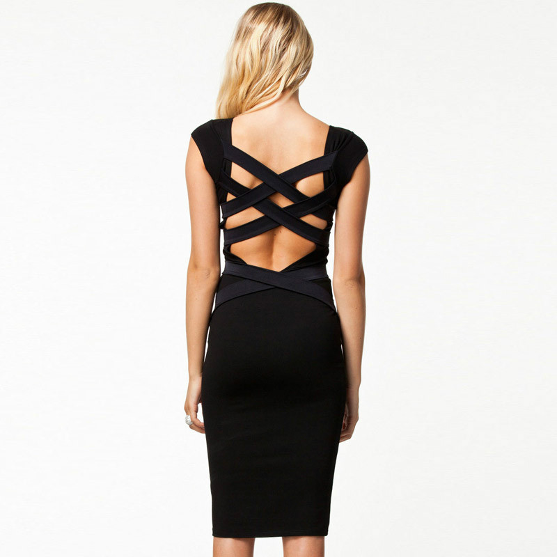 New 2014 Women Summer Bandage Dress Black Sexy Models Exposed Backpack Hip And Calf Dress